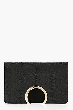 Boohoo Metal Circle Faux Snake And Suedette Clutch