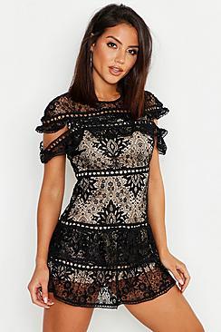Boohoo Sleeve Detail Lace Tiered Mini Dress