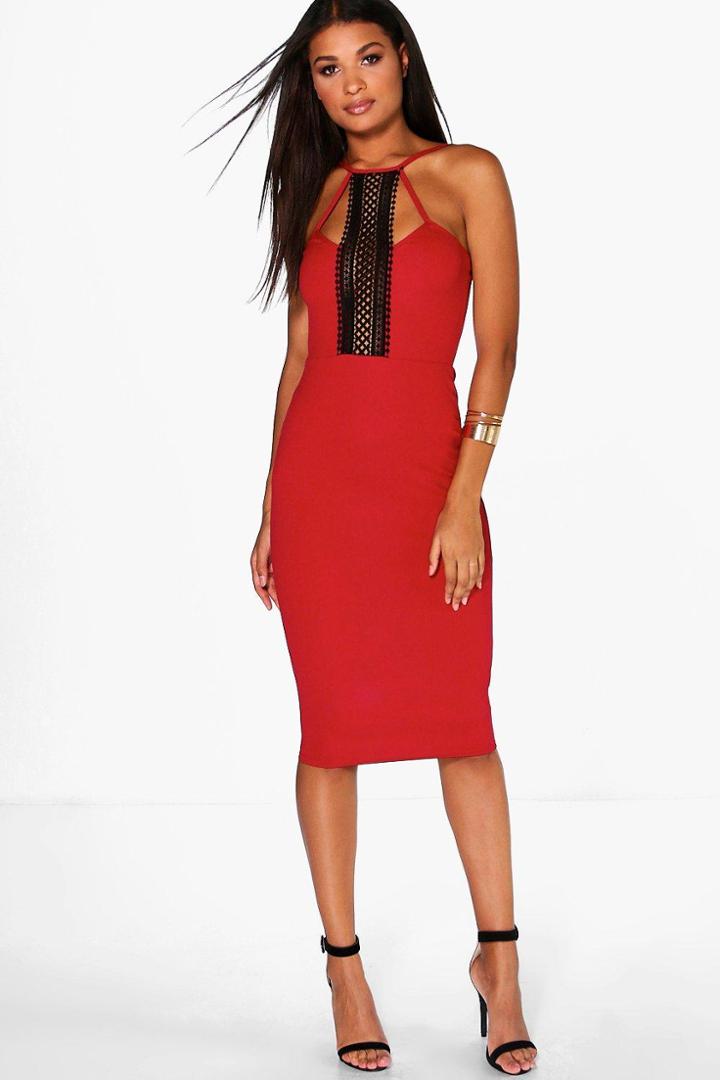 Boohoo Erin Crochet Neck Trim Strappy Midi Dress Merlot