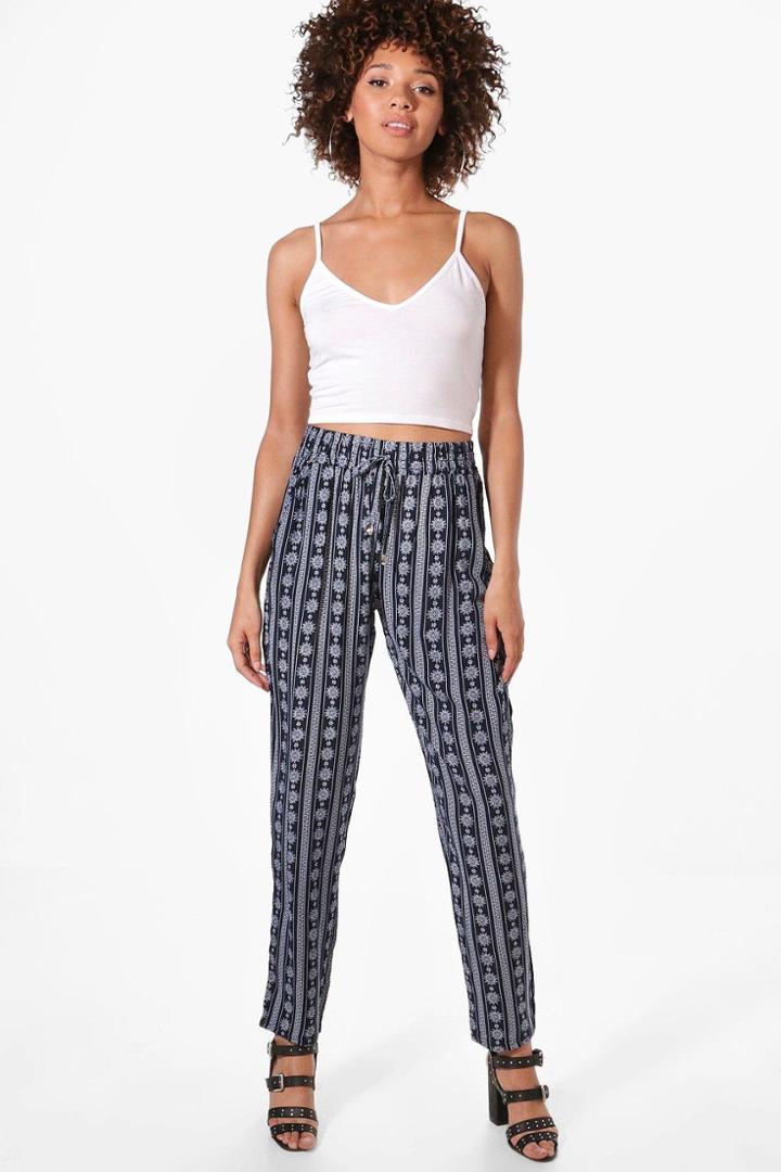 Boohoo Isabel Bohemian Stripe Printed Woven Joggers Navy
