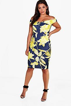 Boohoo Plus Lara Off The Shoulder Floral Midi Dress