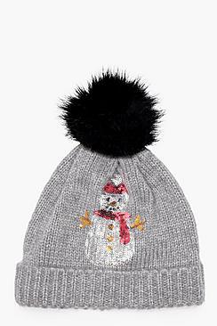 Boohoo Christmas Amy Sequin Snowman Pom Beanie
