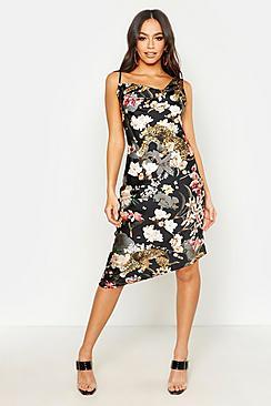 Boohoo Cheetah Print Cowl Asymmetric Midi Dress
