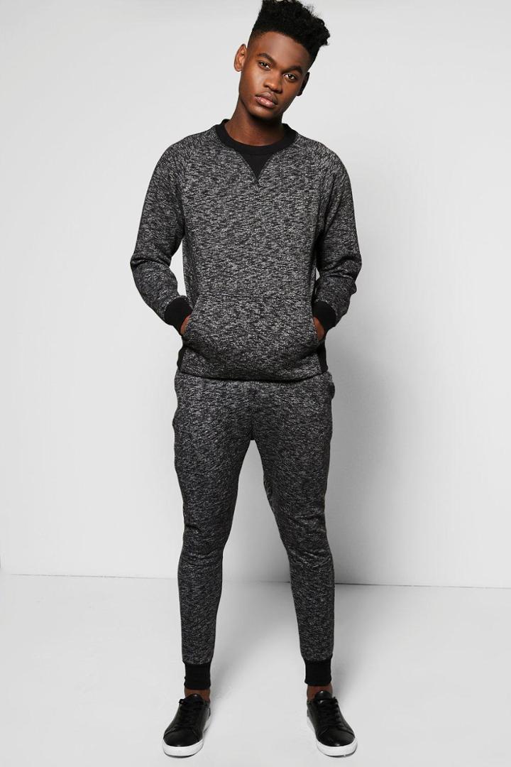 Boohoo Skinny Fit Fleck Sweat Tracksuit Black