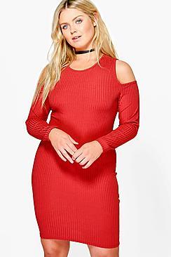 Boohoo Plus Lottie Ribbed Open Shoulder Bodycon Dress