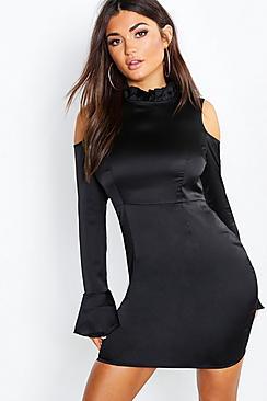 Boohoo Satin Ruffle Neck Cold Shoulder Bodycon Dress