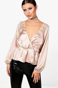 Boohoo Petite Drape Front Lace Panel Blouse