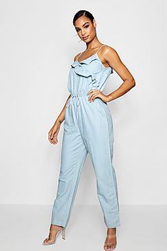 Boohoo Phi Ruffle Tie Waist Denim Jumpsuit