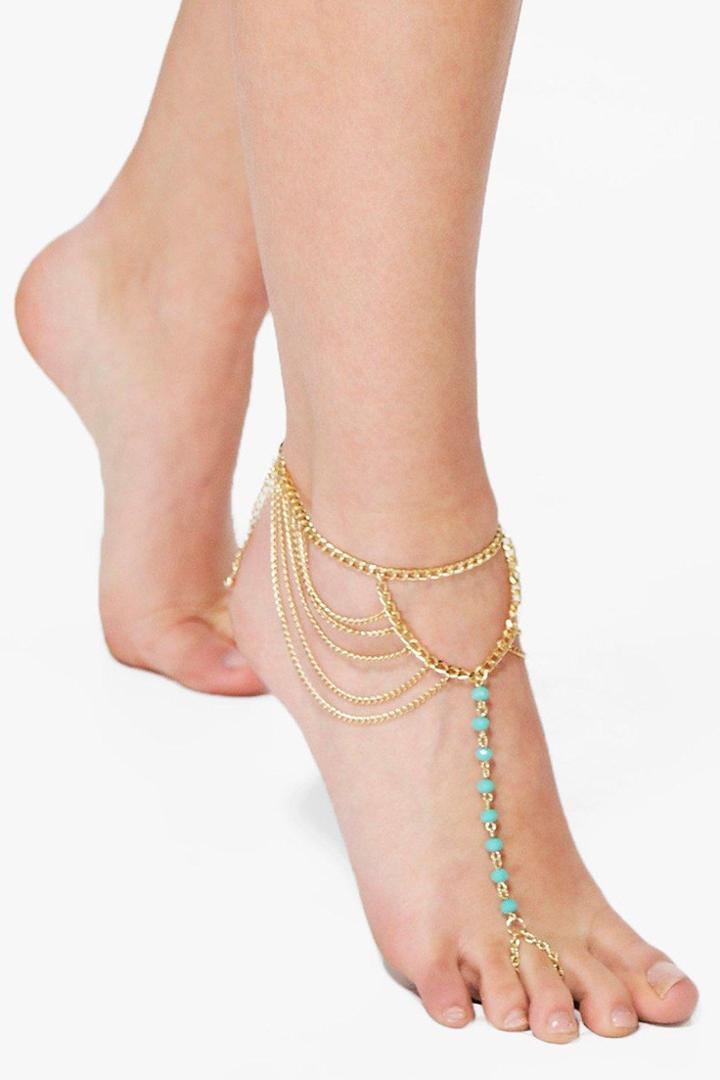 Boohoo Honey Turquoise Bead & Chain Footlet Anklet Gold