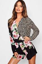 Boohoo Leopard Floral Mix Print Wrap Playsuit