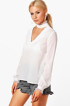 Boohoo Mia Mesh Ruffle Choker & Cuff Blouse