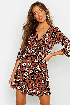 Boohoo Tie Front Leopard Skater Dress