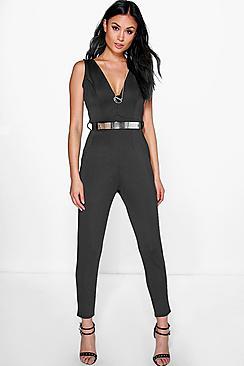Boohoo Nina Deep Plunge Belted Skinny Leg Jumpsuit