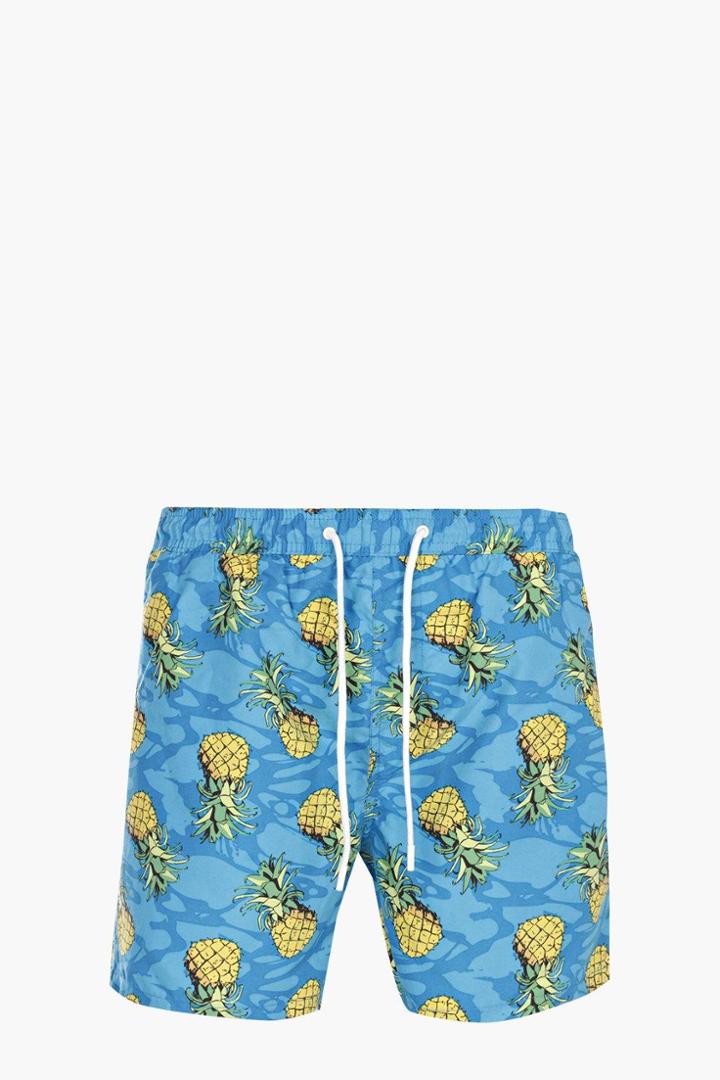 Boohoo Pineapple Print Mid Length Swim Short Blue