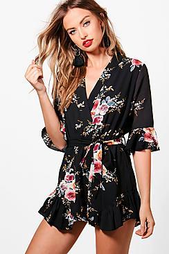 Boohoo Dell Wrap Floral Ruffle Hem Playsuit