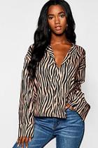 Boohoo Tonal Zebra Print Flare Sleeve Satin Shirt