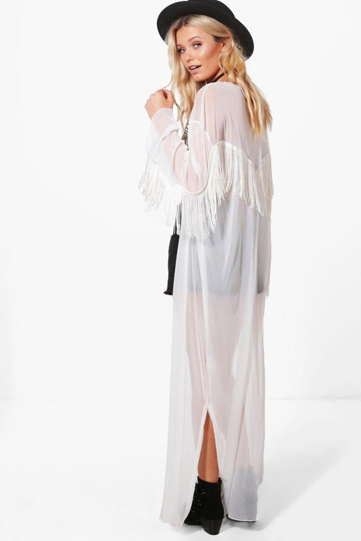 Boohoo Bethany Fringed Back Maxi Kimono Cream
