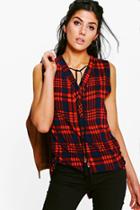 Boohoo Natalie Tartan Top With Lace Up Detail Navy