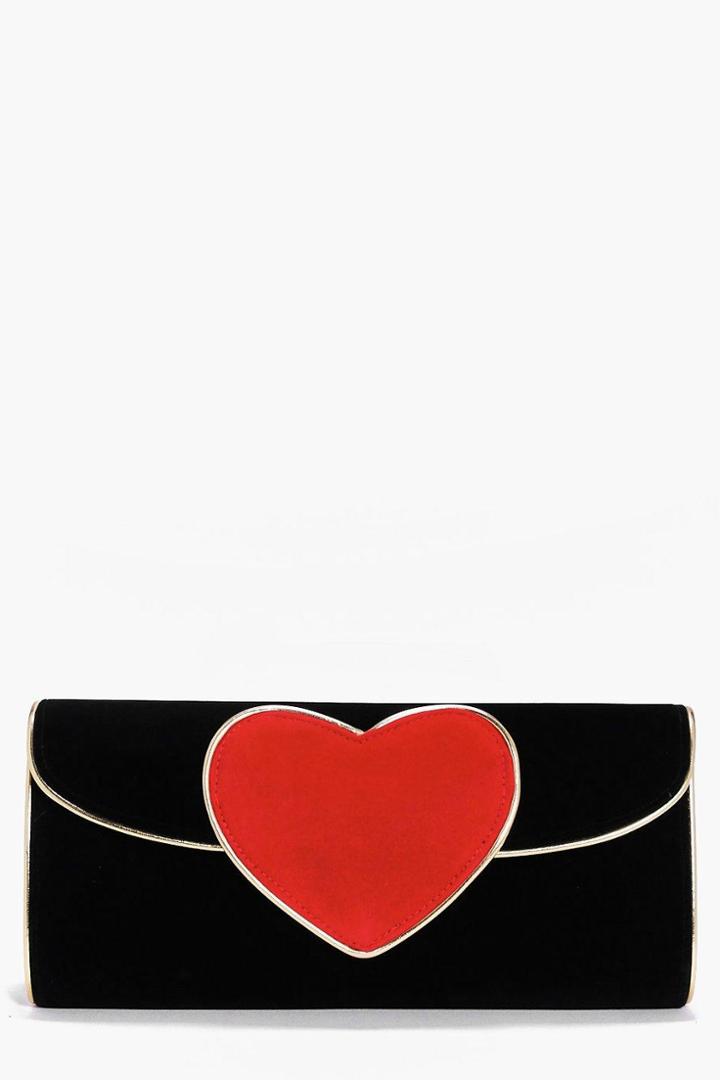 Boohoo Saskia Velvet Heart Clutch Bag Black