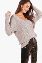 Boohoo Tiffanie Cable Knit Plunge Neck Oversized Jumper