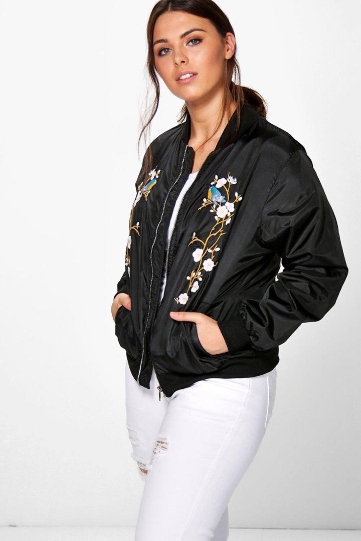 Boohoo Plus Mel Floral Bird Embroidered Bomber Jacket Black