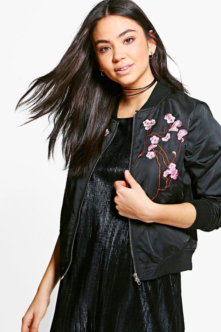 Boohoo Emily Oriental Embroidered Bomber Jacket Black