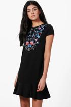 Boohoo Rose Printed Ruffle Hem Shift Dress Black