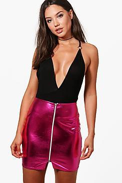Boohoo Priya Wet Look Shiny Zip Front Mini Skirt