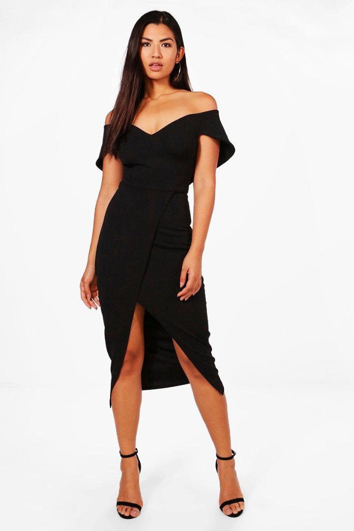 Boohoo May Off Shoulder Wrap Skirt Midi Dress Black