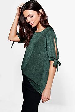 Boohoo Libby Split Tie Sleeve Knitted T-shirt