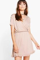 Boohoo Harlow Wrap Front Ruffle Hem Skater Dress Sand