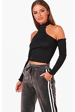 Boohoo Petite Kait High Neck Cold Shoulder Rib Crop Top
