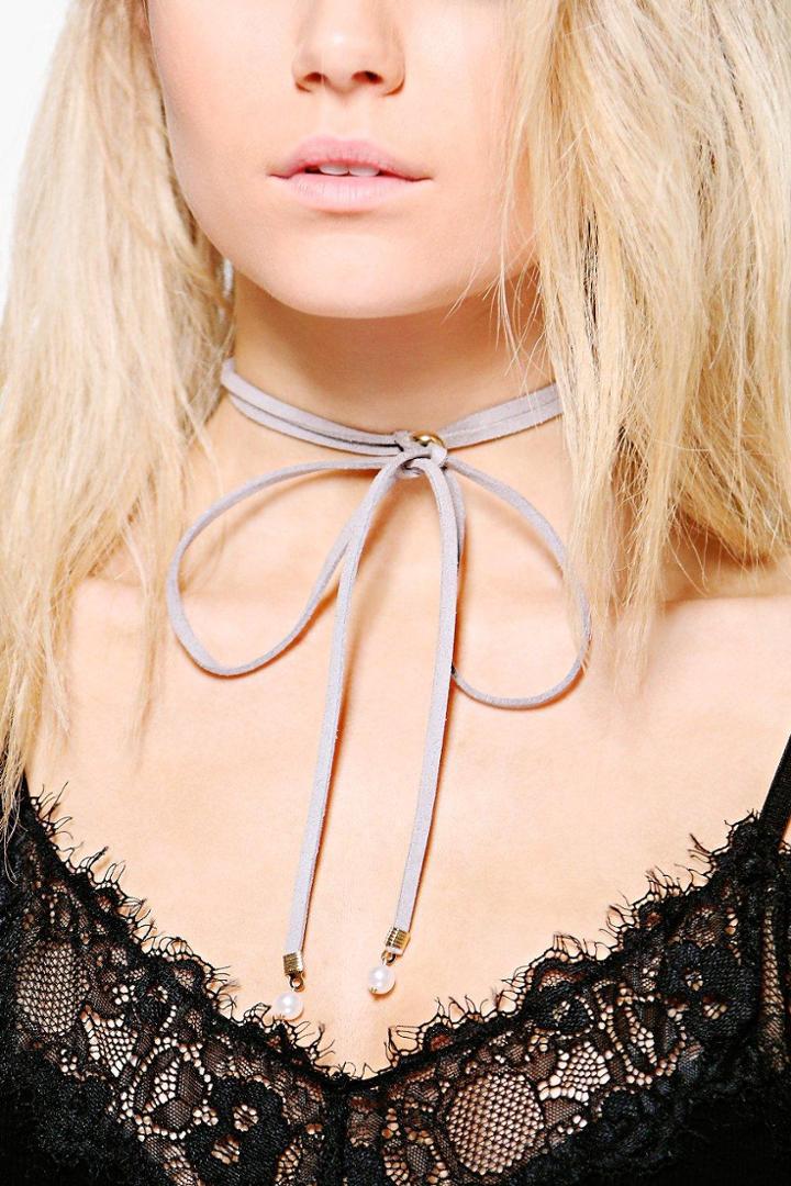 Boohoo Anya Faux Pearl Tip Tie Up Cord Choker Grey