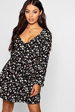 Boohoo Petite Long Sleeve Floral Woven Skater Dress