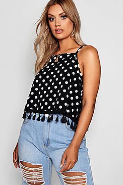 Boohoo Plus Polka Dot Tassel Hem Cami Top