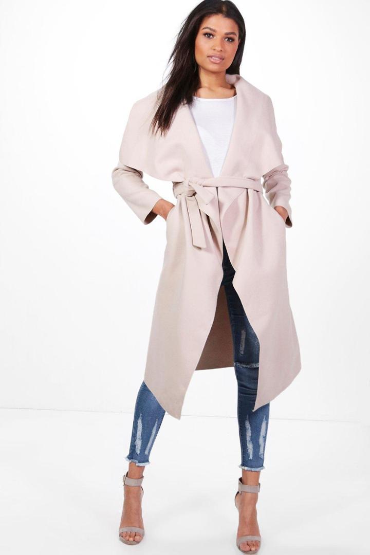 Boohoo Francesca Belted Waterfall Coat Stone