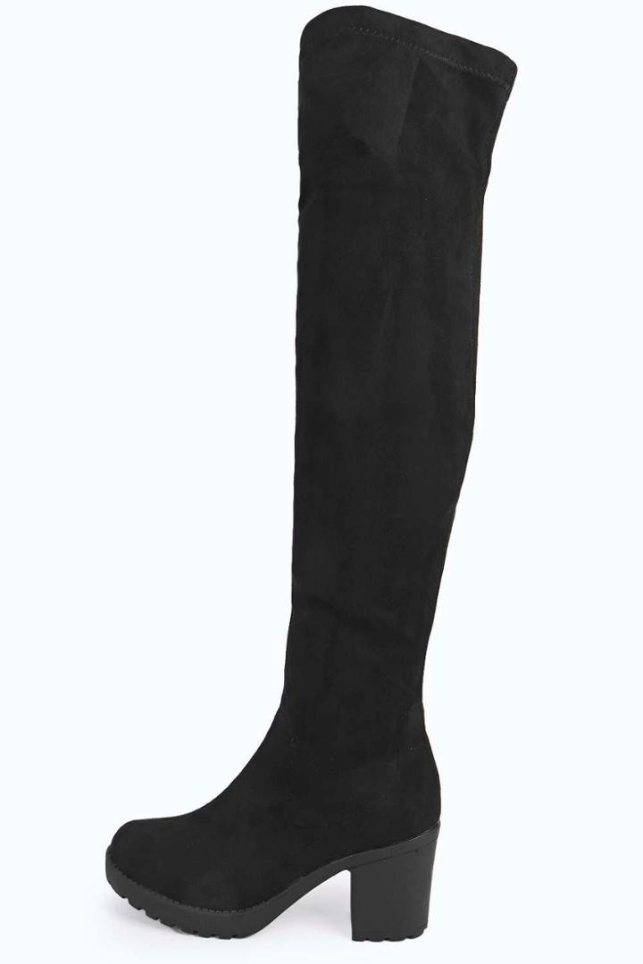 Boohoo Ella Stretch Over Knee Cleated Boot Black