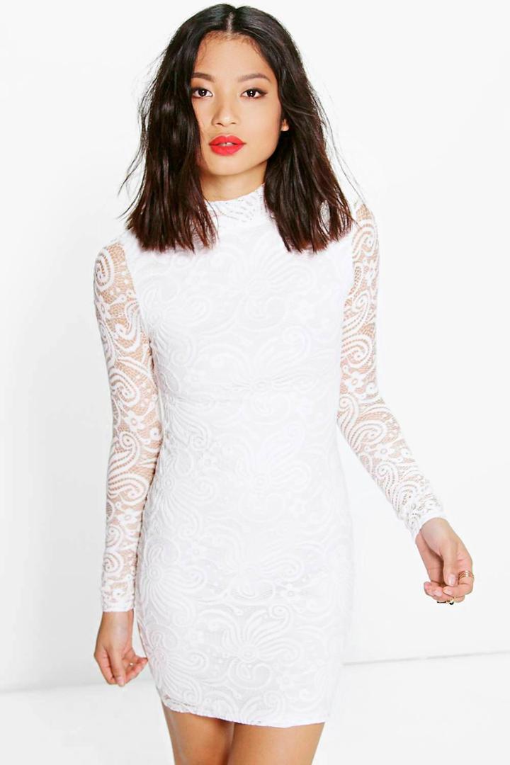 Boohoo Petite Eve All Over Lace High Neck Bodycon Dress Cream