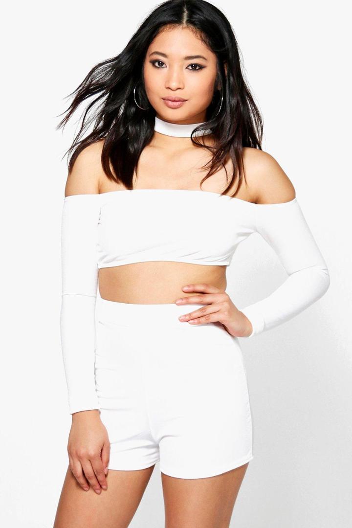 Boohoo Petite April Cut Out Choker Long Sleeved Playsuit Ivory