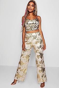 Boohoo Nina Palm All Over Sequin Wide Leg Trouser