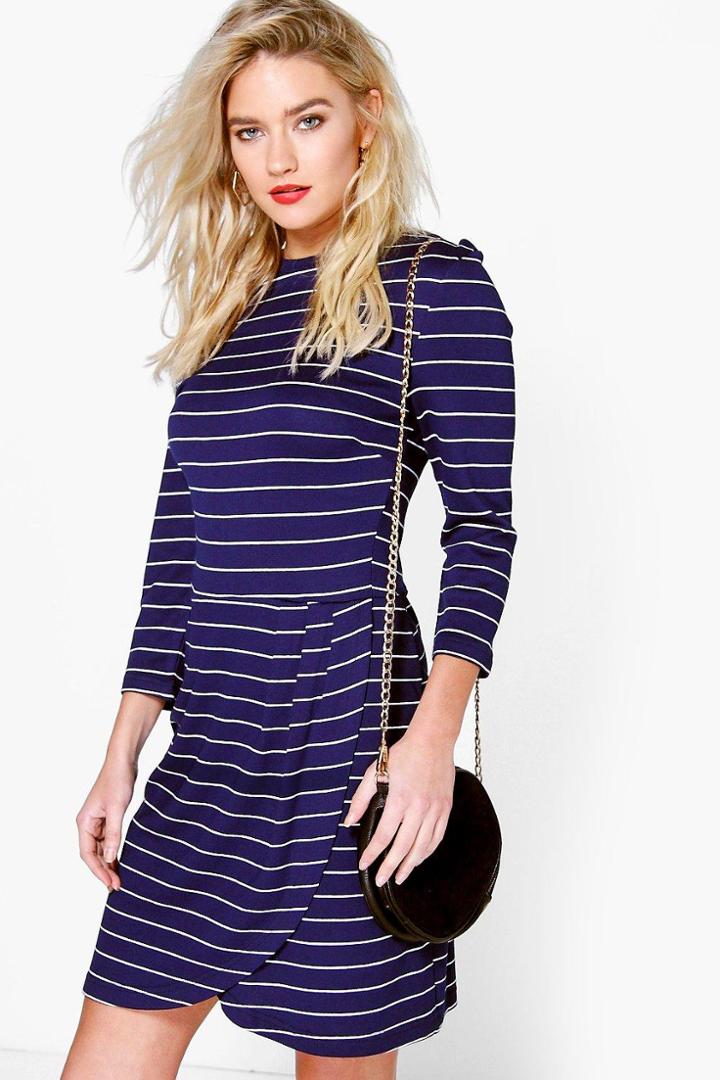 Boohoo Ali High Neck Stripe Wrap Skirt Midi Dress Navy