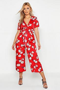 Boohoo Plus Floral Print Knot Front Jumpsuit