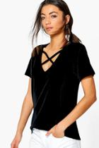 Boohoo Tall Celeste Velvet Cross Front T-shirt Black
