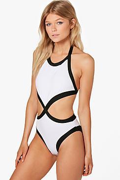 Boohoo Petite Evie Cross Front Colour Block Swimsuit
