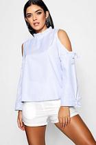 Boohoo Mia Cold Shoulder Tie Sleeve Blouse