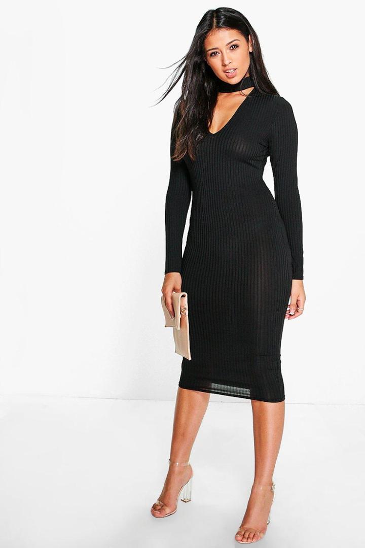 Boohoo Rosie Ribbed Choker Midi Dress Black
