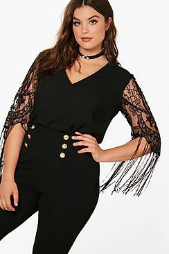 Boohoo Plus Grace Lace Sleeve Tassel Blouse