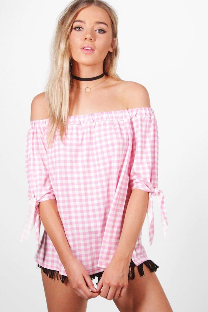 Boohoo Louise Tie Sleeve Gingham Jersey Bardot Top Pink