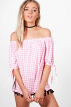 Boohoo Louise Tie Sleeve Gingham Jersey Bardot Top Pink