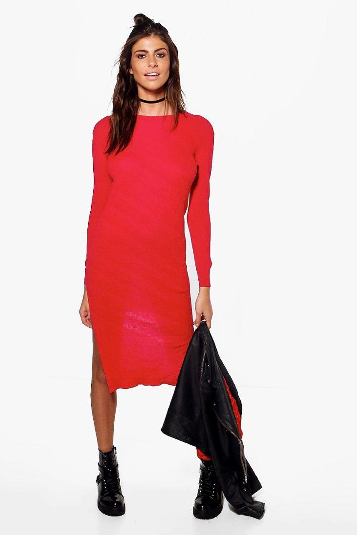 Boohoo Bridget Dip Front Jumper Midi Dress Red